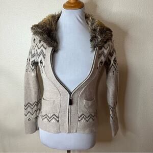 Pendleton tan wool alpaca fair isle front zipper sweater removable fur collar XS